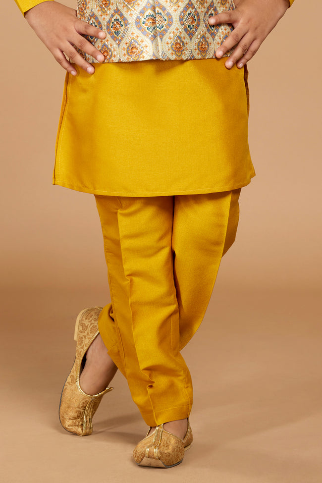 Mustard Yellow Wedding Wear Embroidered Jacket Kurta Set For Boys