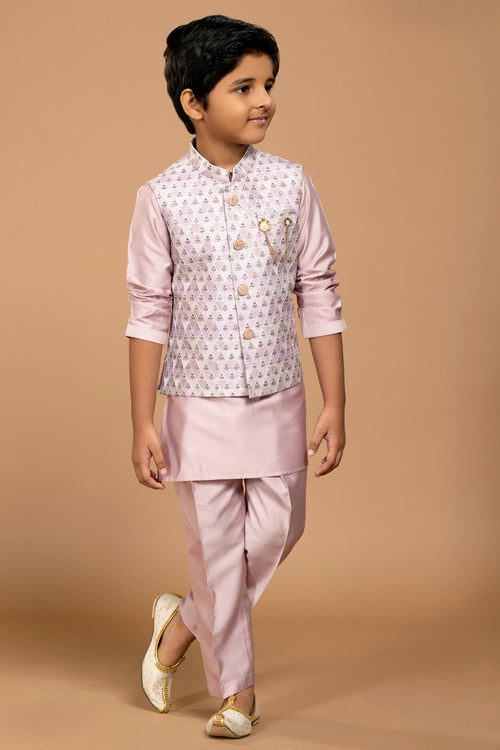 Onino Pink Readymade Fancy Printed Jacket Kurta Set For boys
