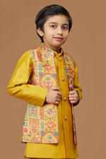 Yellow Designer Thread Work Indowestern In Art Silk For Boys