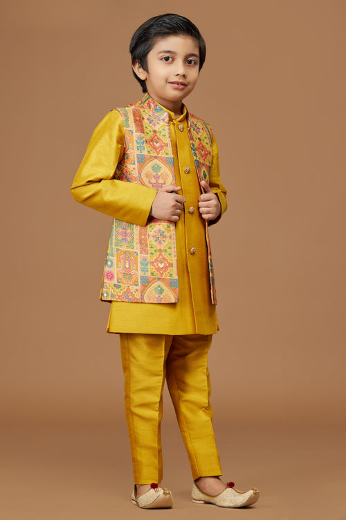 Yellow Designer Thread Work Indowestern In Art Silk For Boys