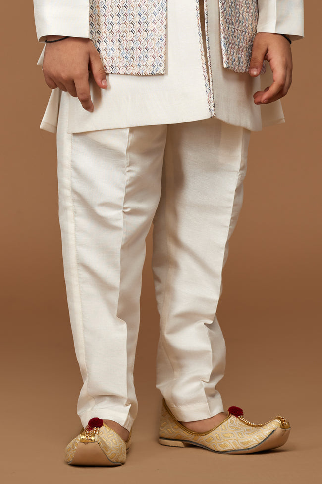 Off White And Cream Wedding Wear Indowestern Set For Boys