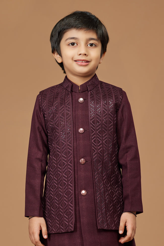Maroon Festive Wear Indowestern Set In Cotton Silk for Boys