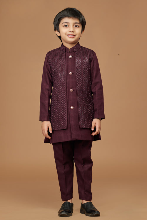 Maroon Festive Wear Indowestern Set In Cotton Silk for Boys