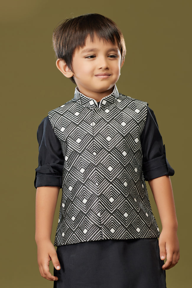 Black Festive Wear Cotton Silk Nehru Jacket Set For Boys