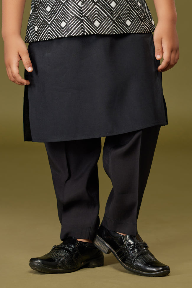 Black Festive Wear Cotton Silk Nehru Jacket Set For Boys