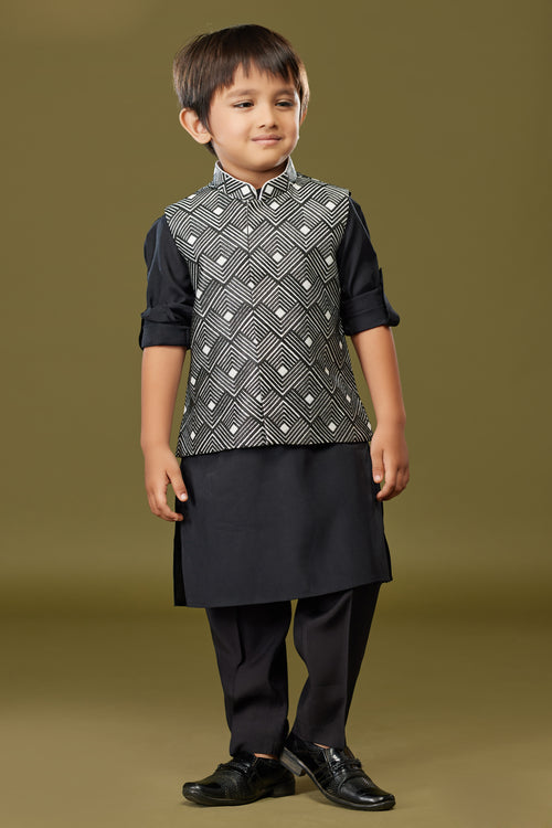 Black Festive Wear Cotton Silk Nehru Jacket Set For Boys