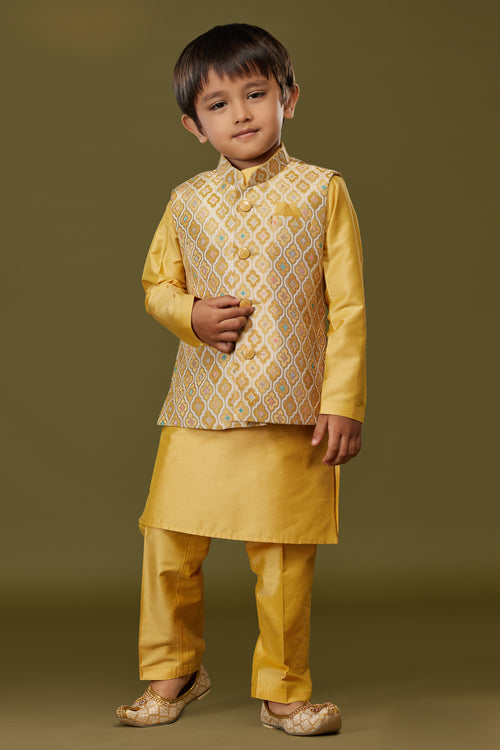 Mustard Yellow Designer Nehru Jacket Set For Boys