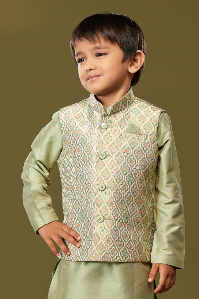 Sea Green Designer Nehru Jacket Set For Boys