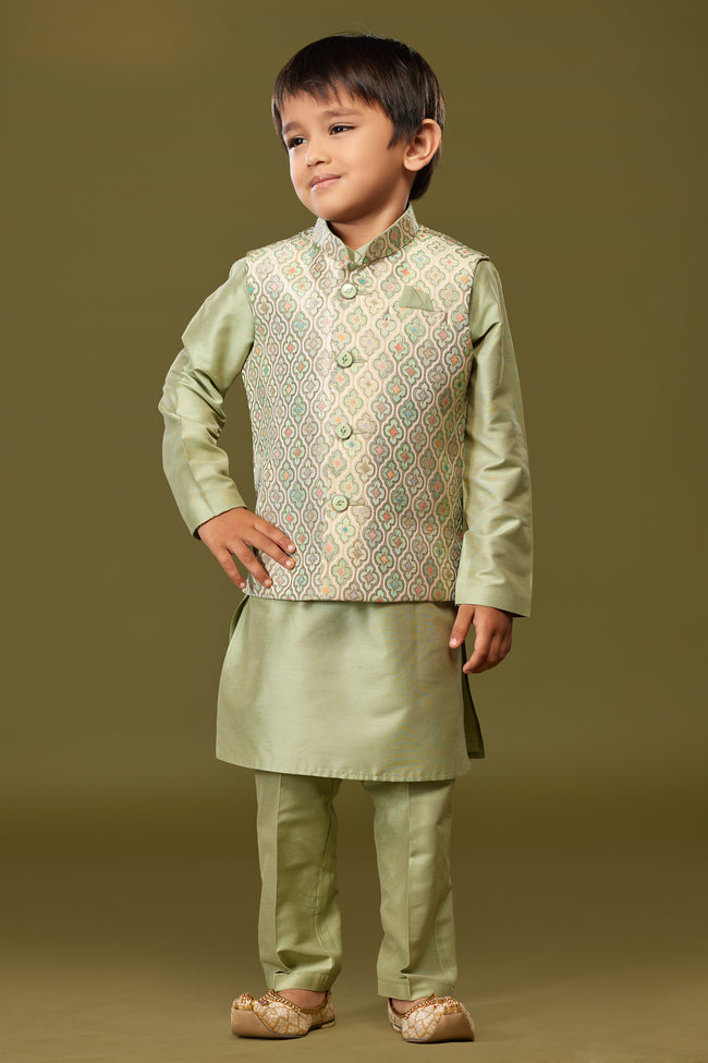 Sea Green Designer Nehru Jacket Set For Boys