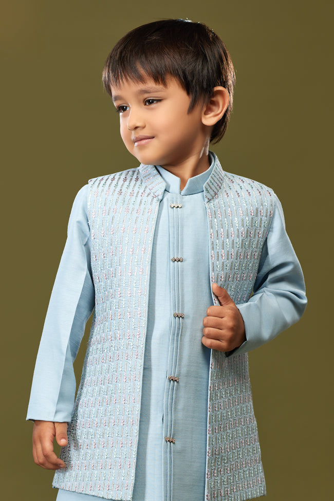 Sky Blue Color Festive Wear Nehru Jacket Set For Boys