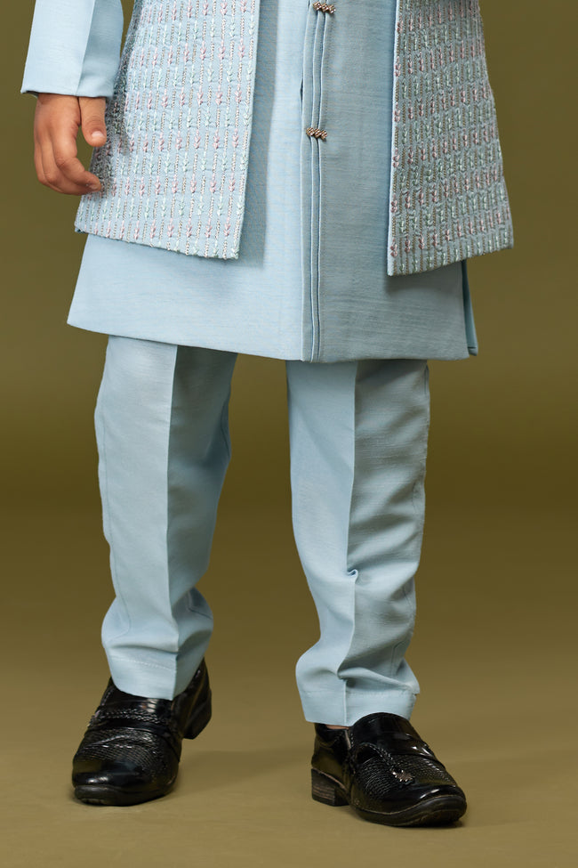 Sky Blue Color Festive Wear Nehru Jacket Set For Boys