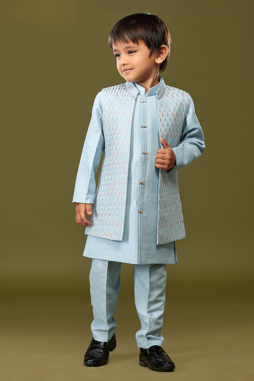 Sky Blue Color Festive Wear Nehru Jacket Set For Boys