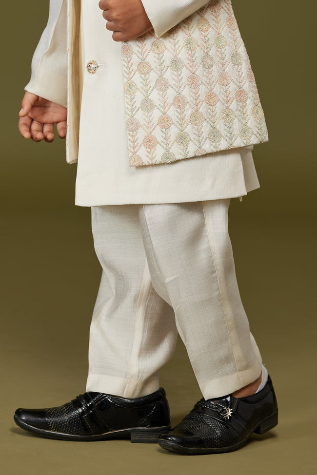 Golden Cream Thread Embroidered  Nehru Jacket Set For Boys