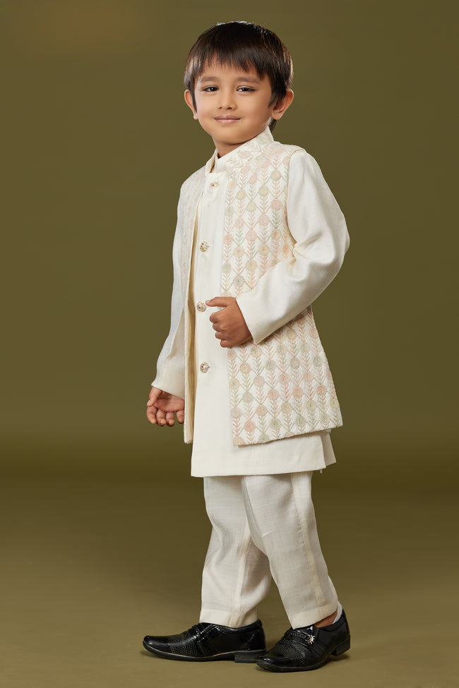 Golden Cream Thread Embroidered  Nehru Jacket Set For Boys