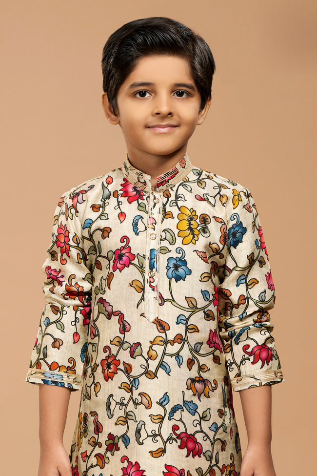 Multicolor Floral Printed Kurta Pajama In Cotton Silk Fabric Set For Boys