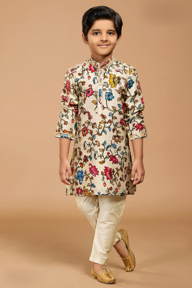 Multicolor Floral Printed Kurta Pajama In Cotton Silk Fabric Set For Boys