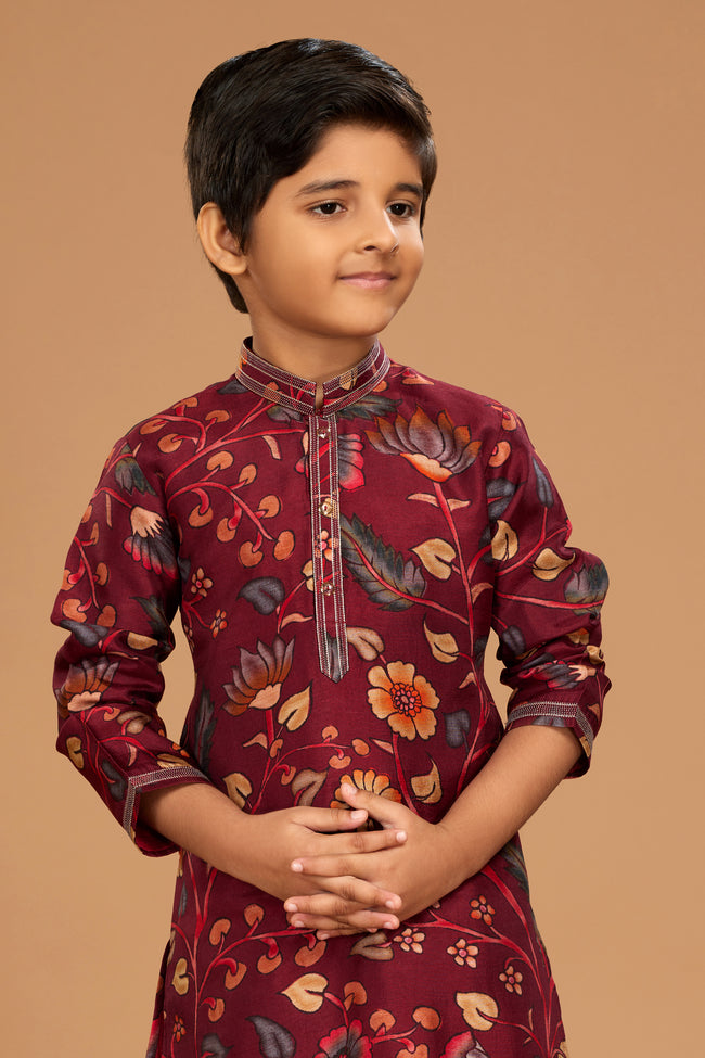 Maroon Floral Printed Cotton Silk Kurta Pajama Set For Boys