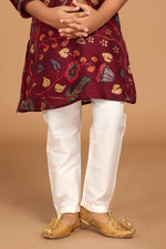 Maroon Floral Printed Cotton Silk Kurta Pajama Set For Boys