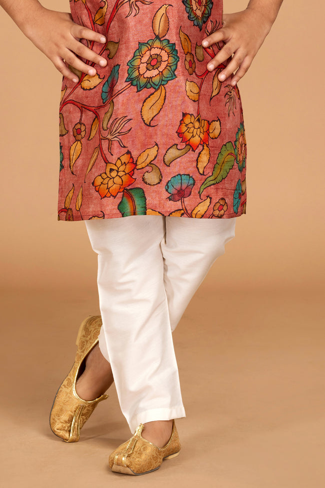 Light Peach Floral Printed Cotton Silk Kurta Pajama Set For Boys
