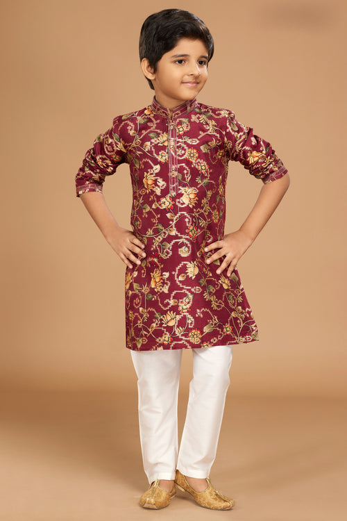 Wine Floral Printed Cotton Silk Kurta Pajama Set For Boys