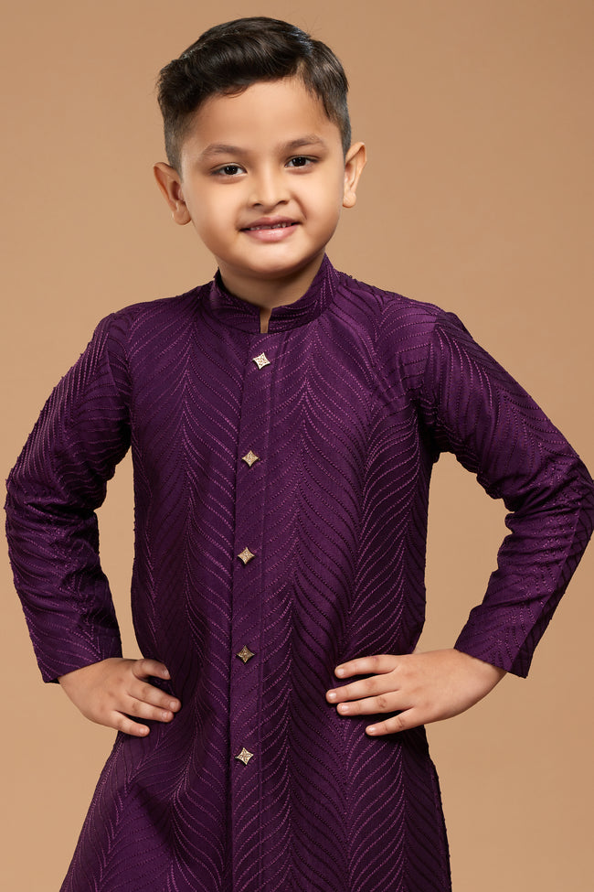 Purple Color Embroidered Semi Indowestern Set For Boys