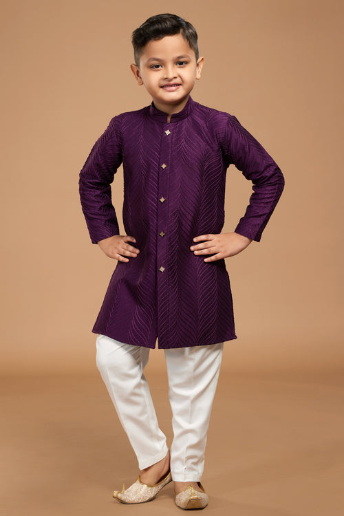 Purple Color Embroidered Semi Indowestern Set For Boys