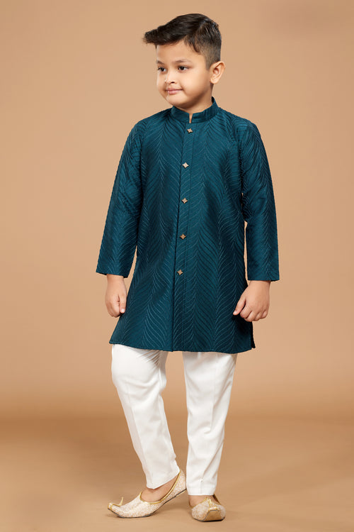 Teal Color Embroidered Semi Indowestern Set For Boys