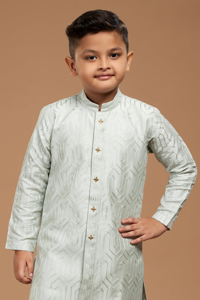 Green Pista Embroidered Semi Indowestern Set For Boys
