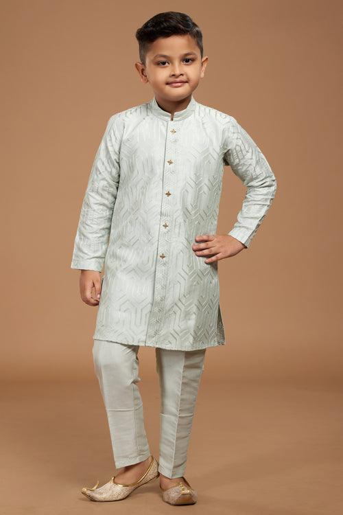 Green Pista Embroidered Semi Indowestern Set For Boys