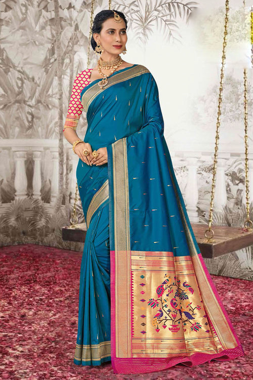 Blue With Pink Woven Art Silk Paithani Saree