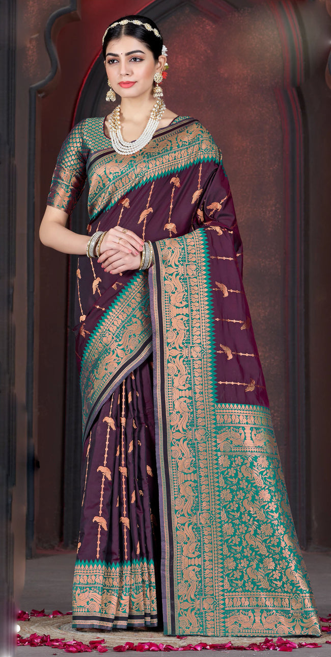 Brown With Green Border Wedding Wear Art Silk Saree