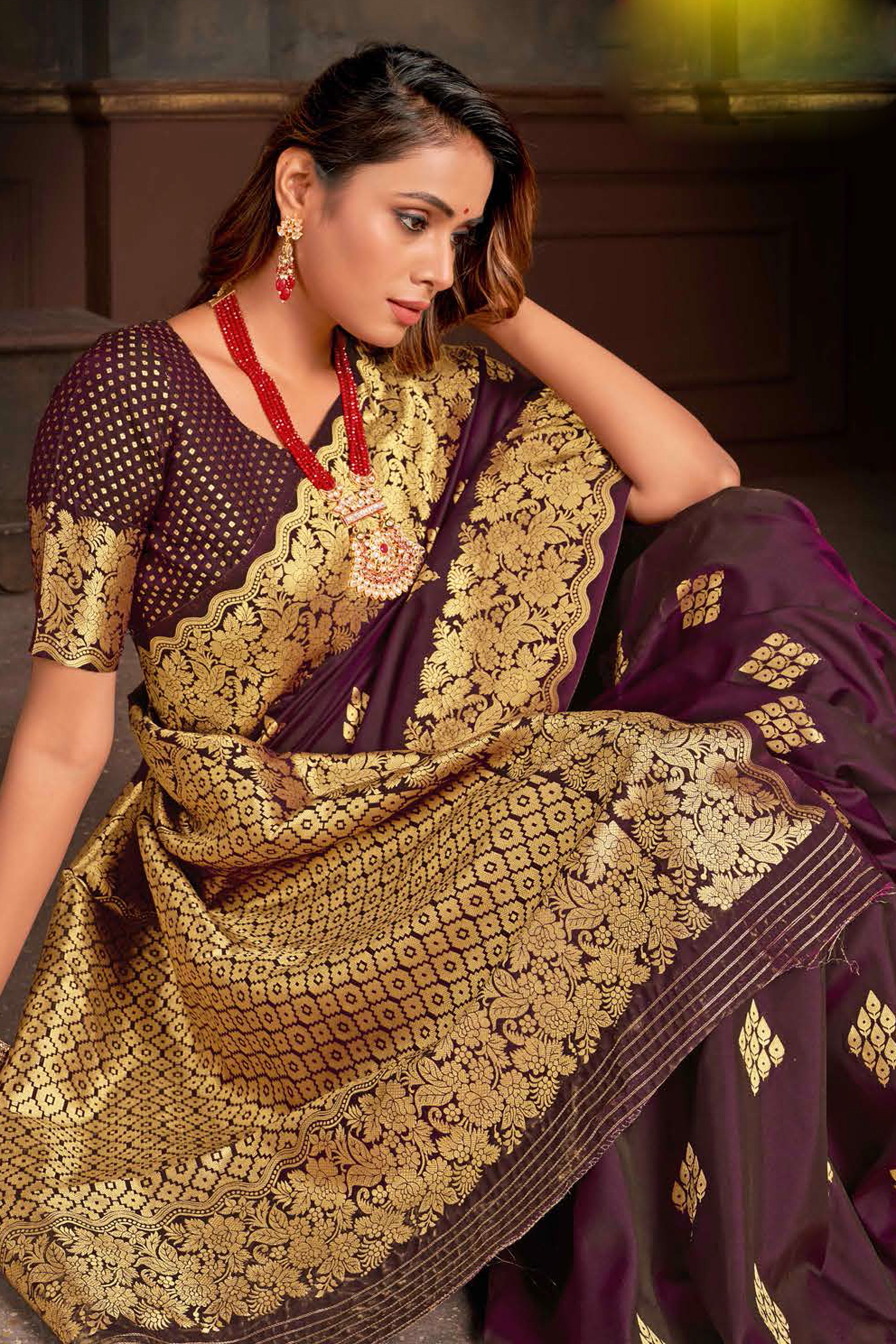 Stunning Hot Maroon Banarasi Silk Saree With Designer Blouse