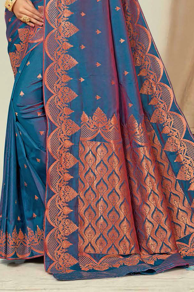 Teal Blue Woven Art Silk Saree With Blouse Piece