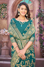 Teal Blue Soft Silk Woven Saree And Blouse Piece