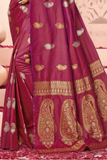 Crimson Saree In Silk Blend With Weaved Floral Motifs And Blouse Piece