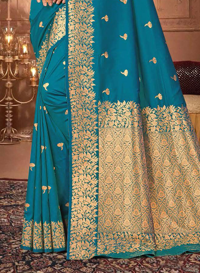 Teal Blue Banarasi Silk Saree With Woven Floral Motifs And Blouse Piece