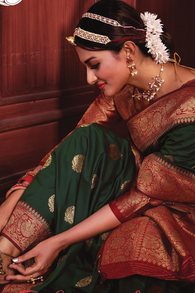 Bottel Green with Red Border Silk Wedding Saree
