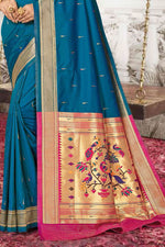 Blue With Pink Woven Art Silk Paithani Saree