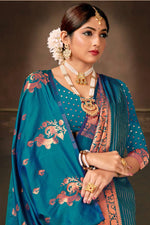 Midnight Teal Saree In Silk Blend With Weaved Floral Motifs And Blouse Piece