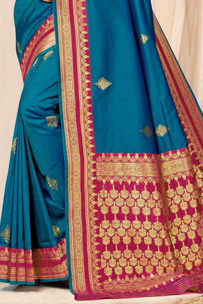 Teal Blue With Pink Border Woven Art Silk Saree With Blouse Piece