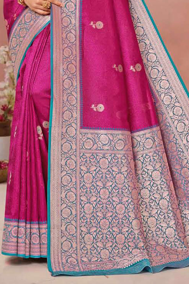 Rani Pink With Auqa Weaving Work Festive Wear Saree