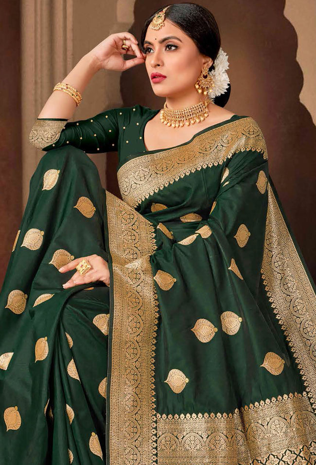 Forest Green Saree In Art Handloom Silk With Woven Floral Buttis And Blouse Piece