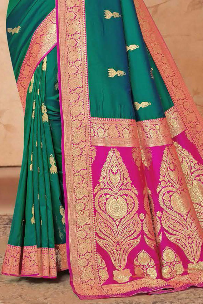 Teal Green With Rani Pink Woven Art Silk Saree