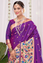 Sparkling Grape Purple Banarasi Silk Saree With Paithani Pallu And Blouse Piece