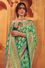 Green & Gold-Toned Woven Design Zari Buti Silk Blend Banarasi Saree