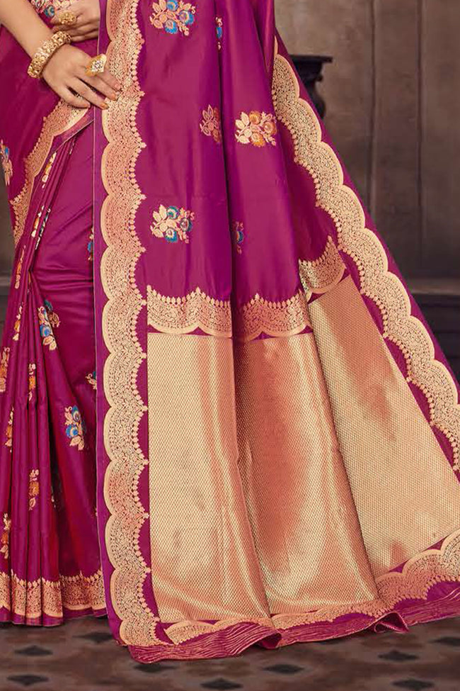 Burgundy Embroidered Art Silk Saree With Blouse Piece