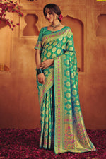 Green & Gold-Toned Woven Design Zari Buti Silk Blend Banarasi Saree