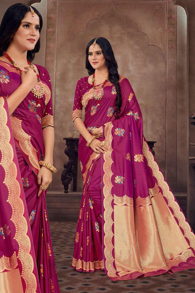 Burgundy Embroidered Art Silk Saree With Blouse Piece