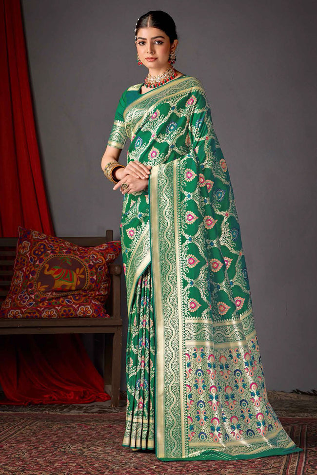 Green Color Heavy Woven Silk Saree And Blouse Piece