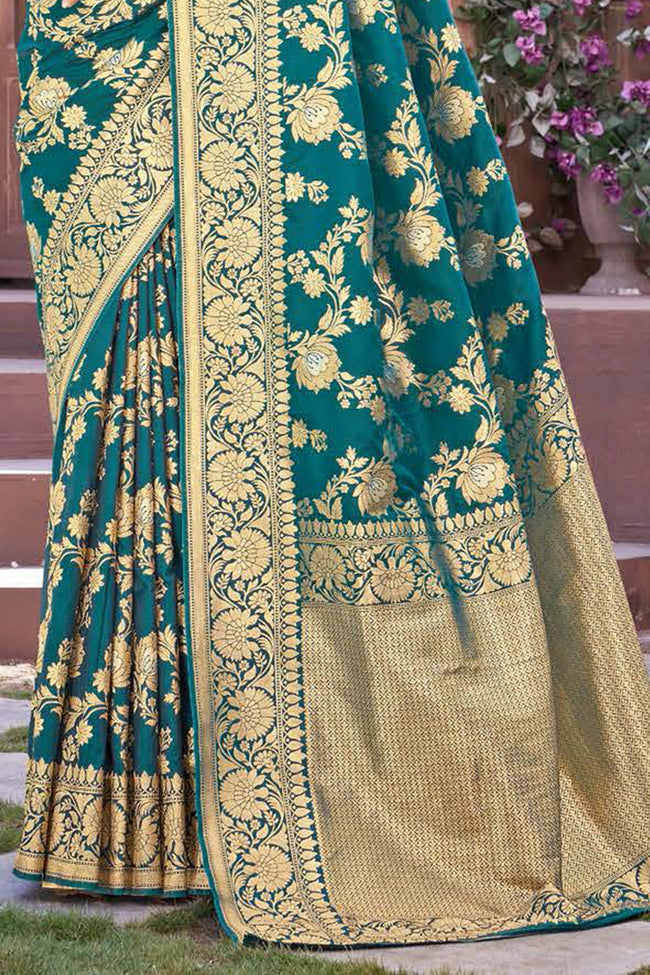 Teal Blue Soft Silk Woven Saree And Blouse Piece